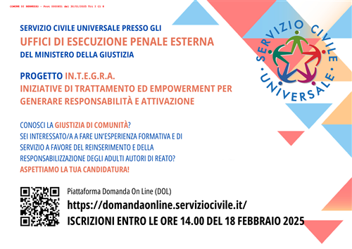Comunicato stampa Progetto di servizio civile IN.T.E.G.R.A. - Iniziative di trattamento ed empowerment per generare responsabilità e attivazione